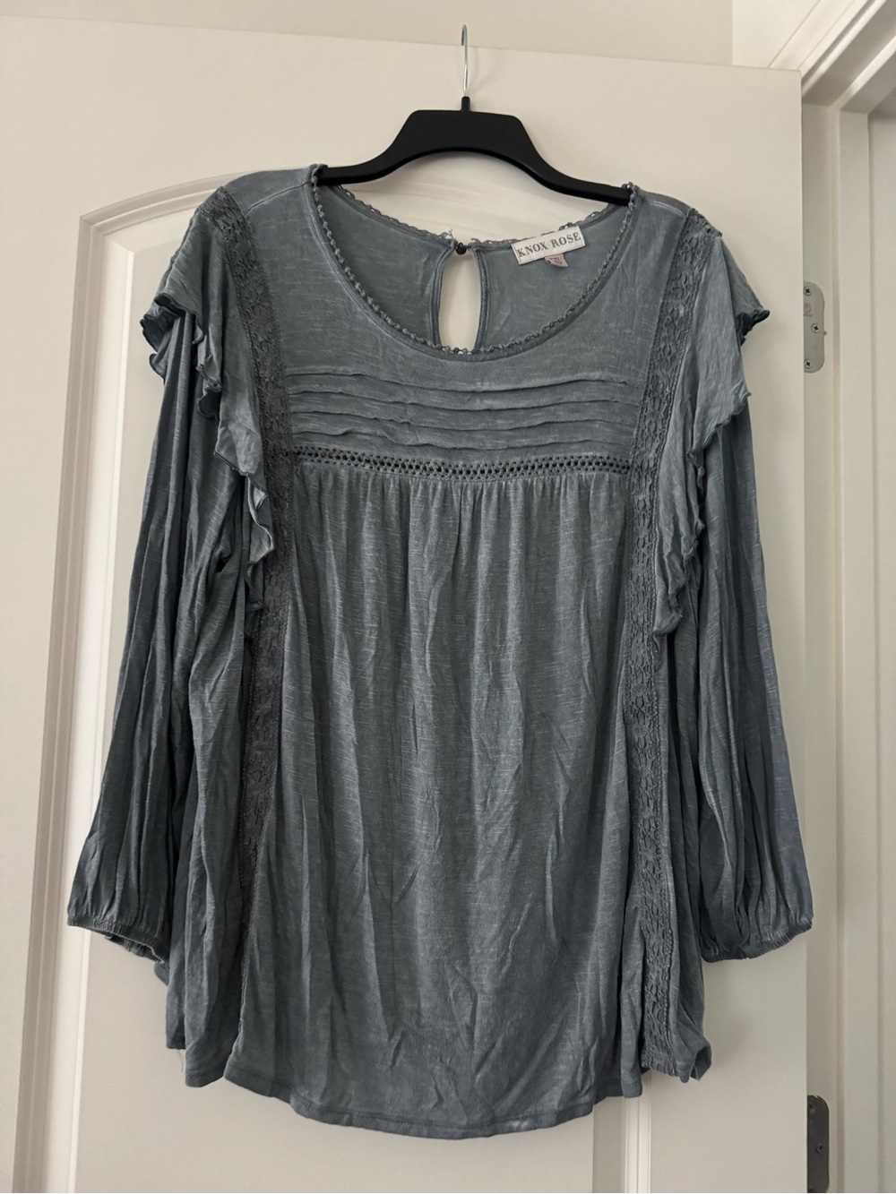 Knox Rose Slate Blue Ruffle Pintuck Crochet Long-Sleeve Tunic